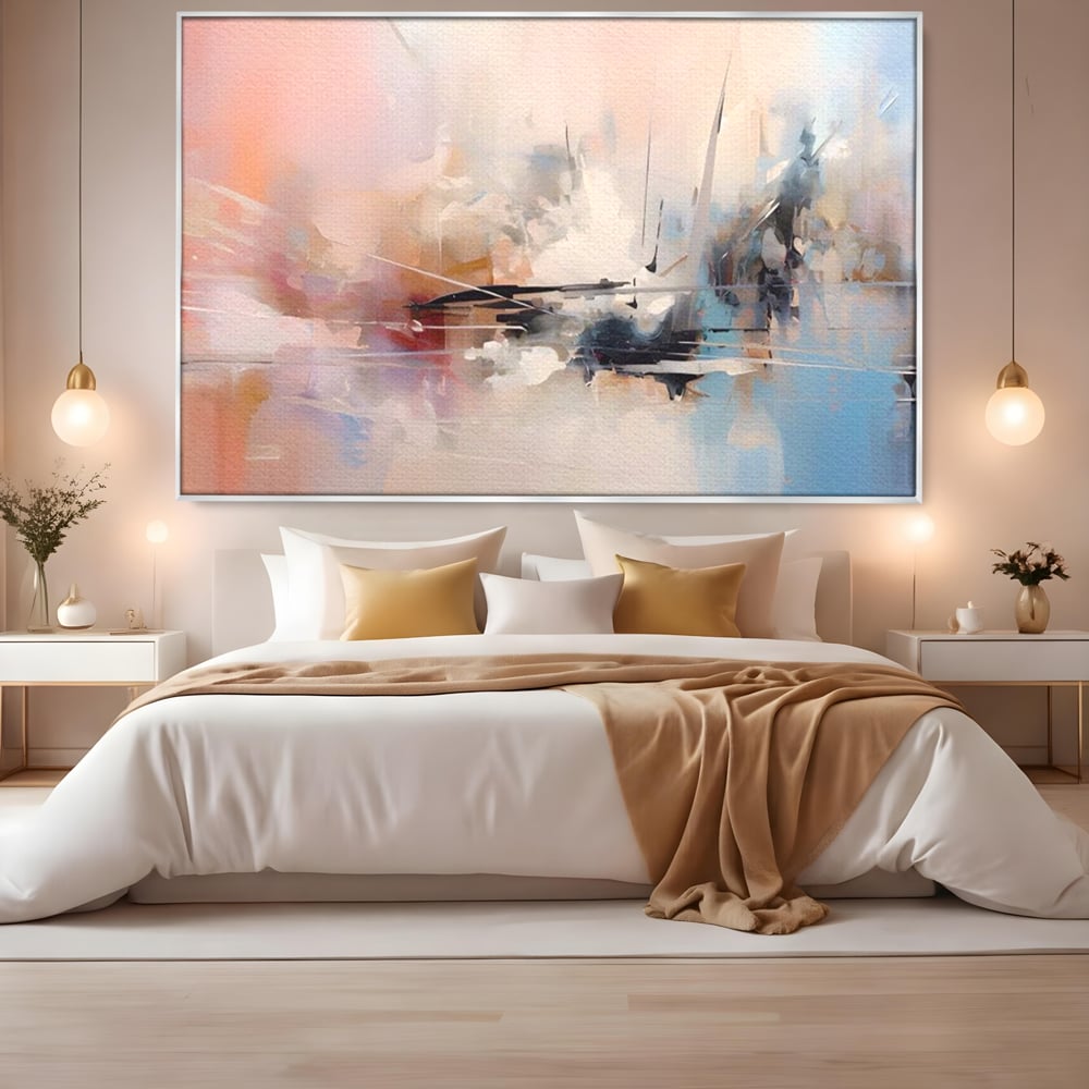 Tablou canvas cu pictura abstracta cu linii si pete pastel, in rama de aluminiu argintiu, pe perete intr-un dormitor